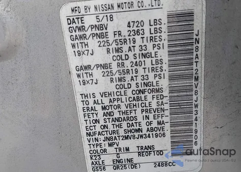 2018 Nissan Rogue Sl из США, поврежденный, VIN JN8AT2MV8JW341906